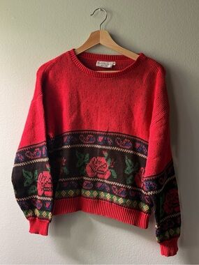 Red Floral Crewneck Sweater - Vintage